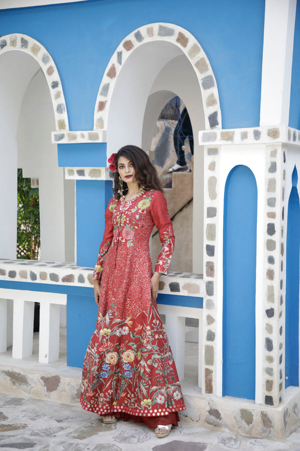 Red Printed Long Jacket With Sharara