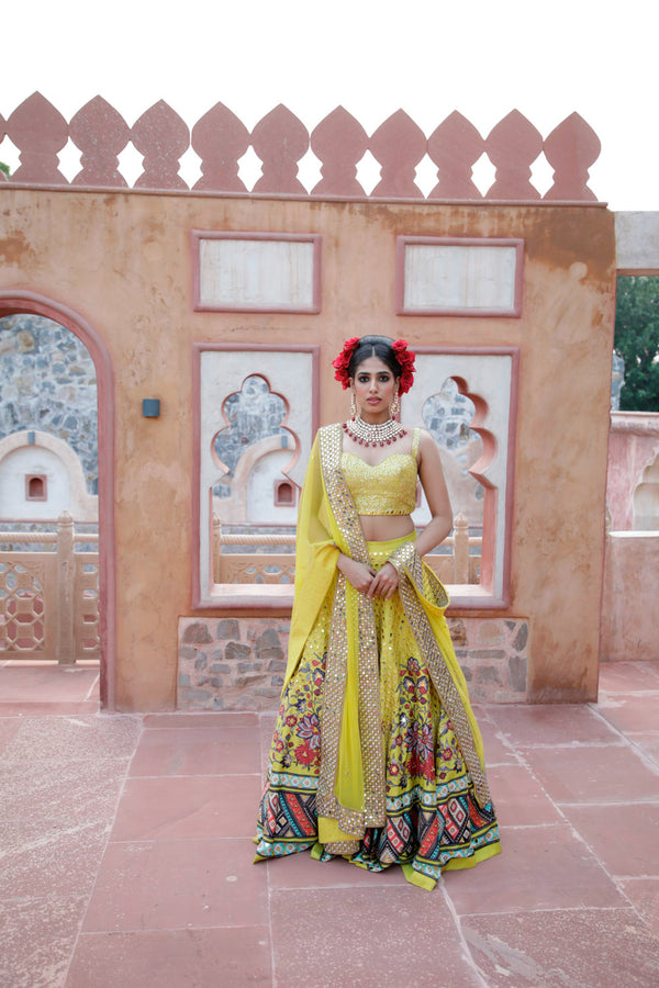 Yellow Hand Work Lehenga Set