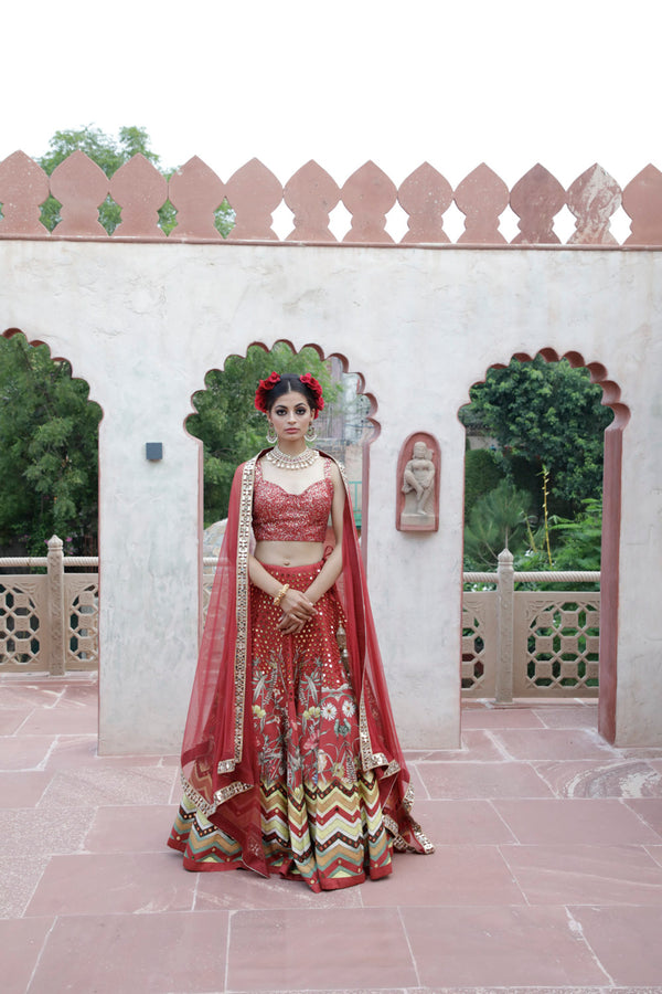 Red Hand Work Printed Lehenga Set