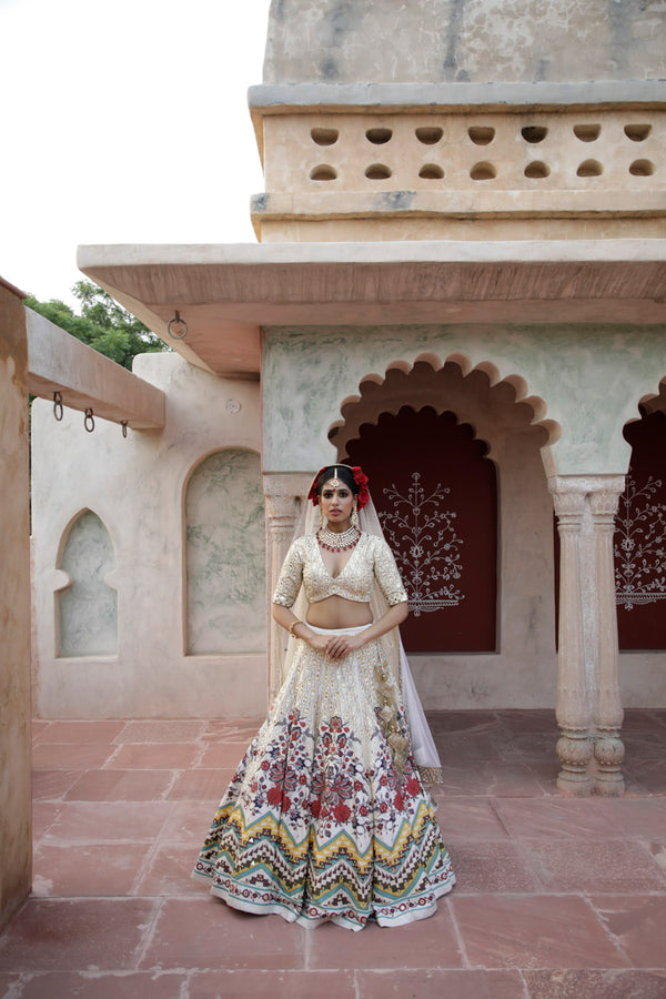 Cream Hand Work and Printed Lehenga Set