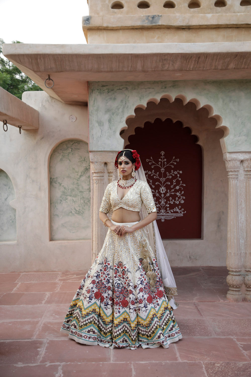 Cream Hand Work and Printed Lehenga Set