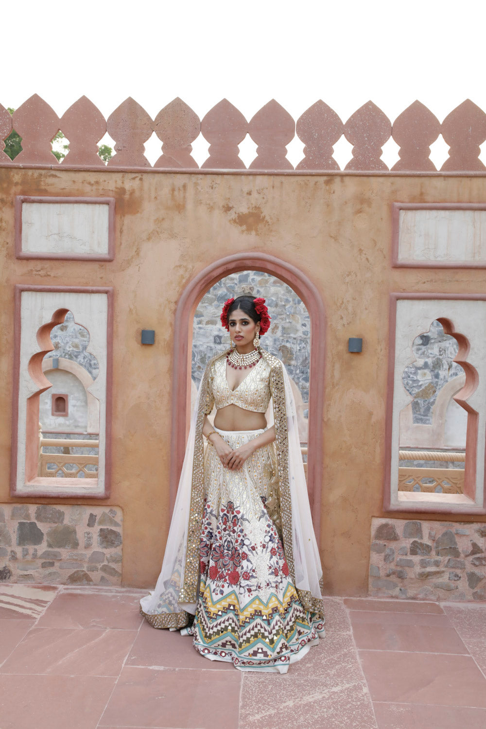 Cream Hand Work and Printed Lehenga Set