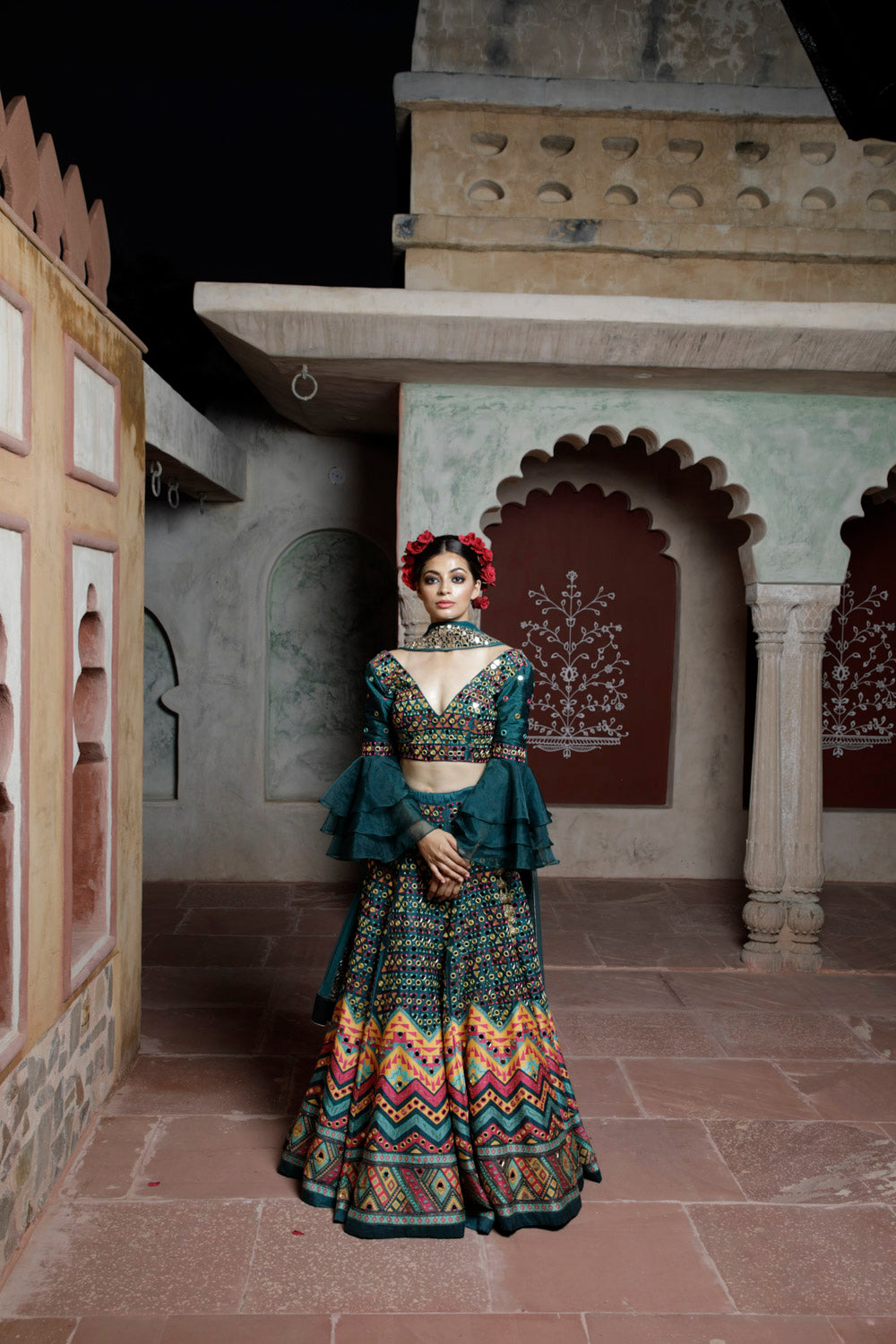 Teal Hand Work and Printed Lehenga Set