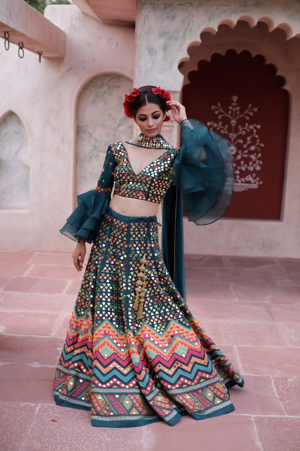 Teal Hand Work and Printed Lehenga Set