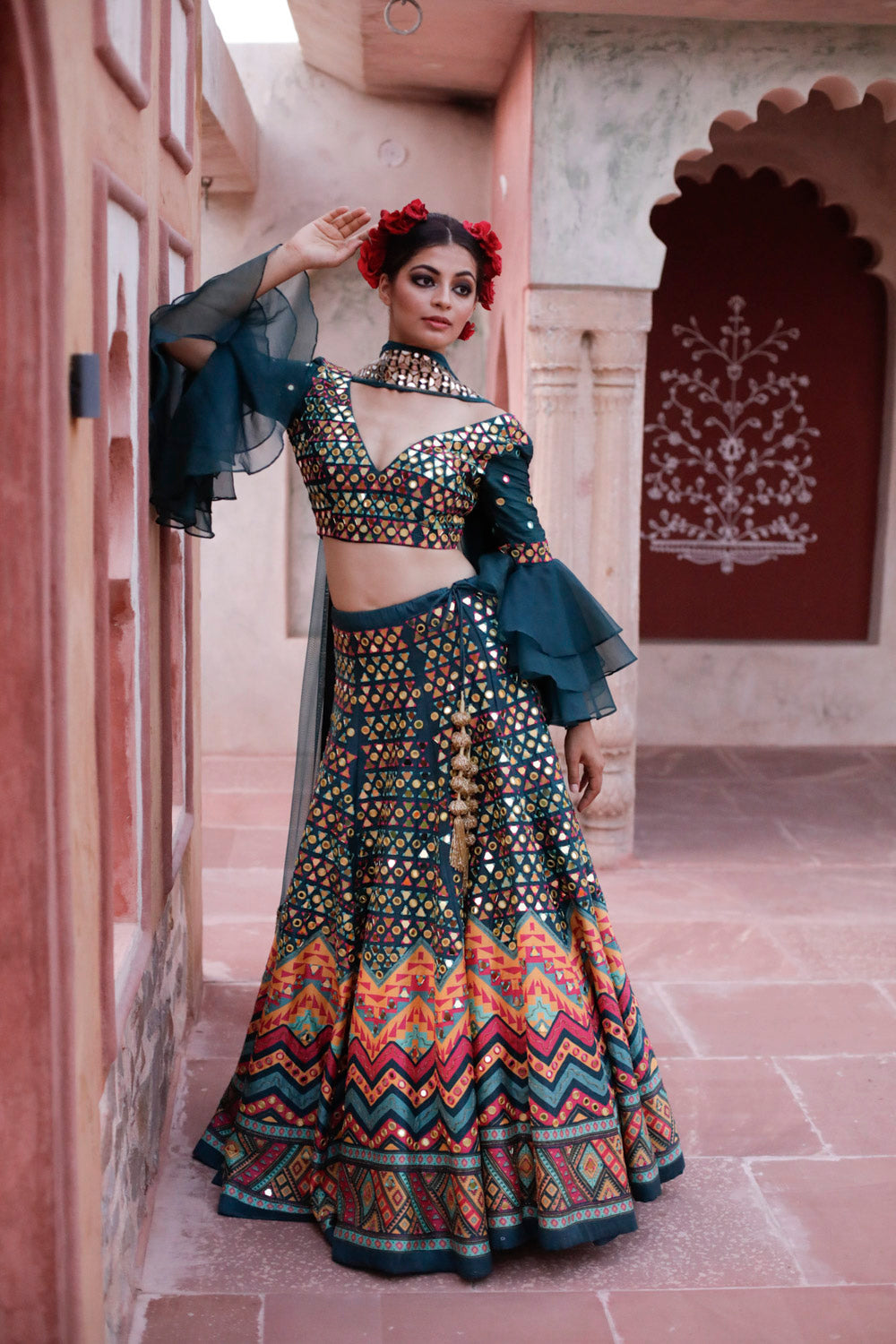 Teal Hand Work and Printed Lehenga Set