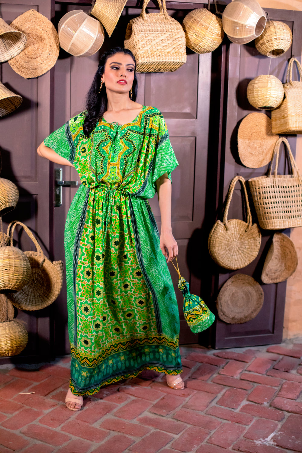 Green Printed Kaftaan