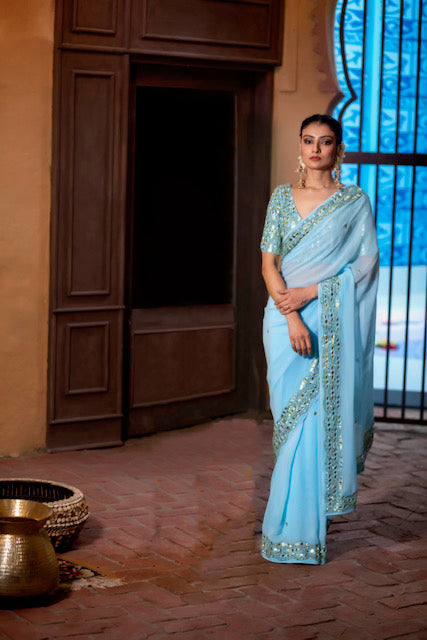 Turquoise Gotta Patti Georgette Saree