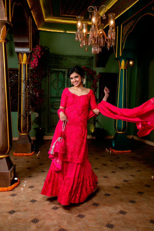 Indian Pink Embroidered Sharara Set