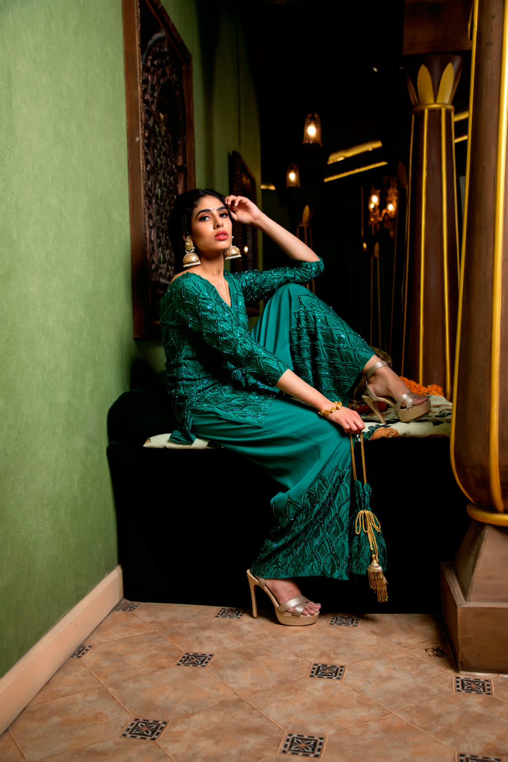 Emerald Green Embroidered Pant Suit