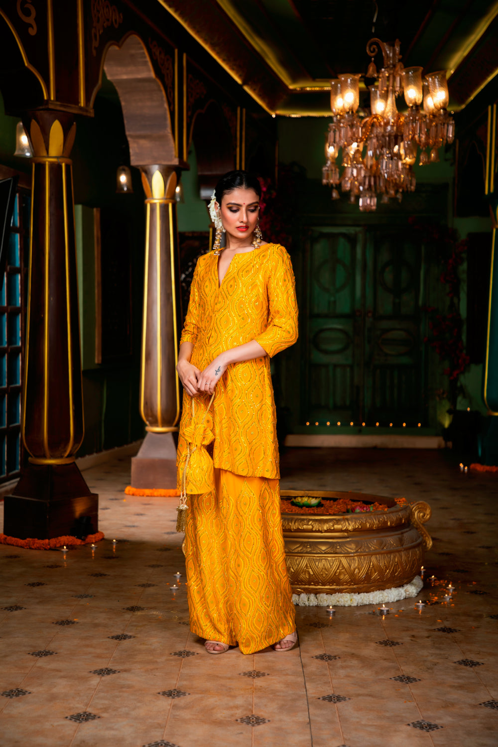 Yellow Embordered Pant Suit