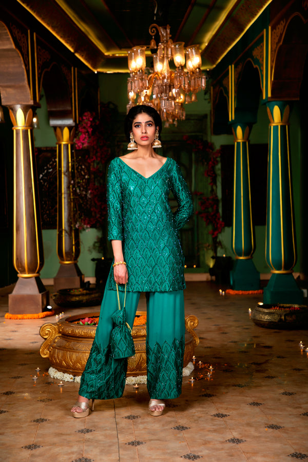 Emerald Green Embroidered Pant Suit