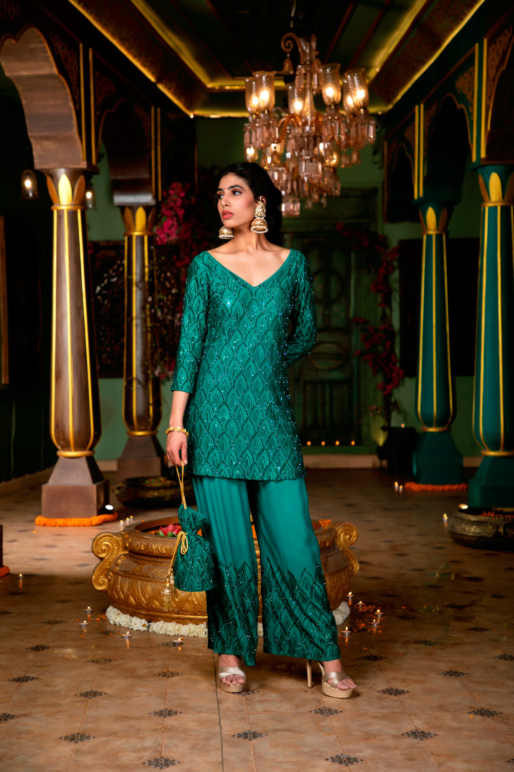 Emerald Green Embroidered Pant Suit