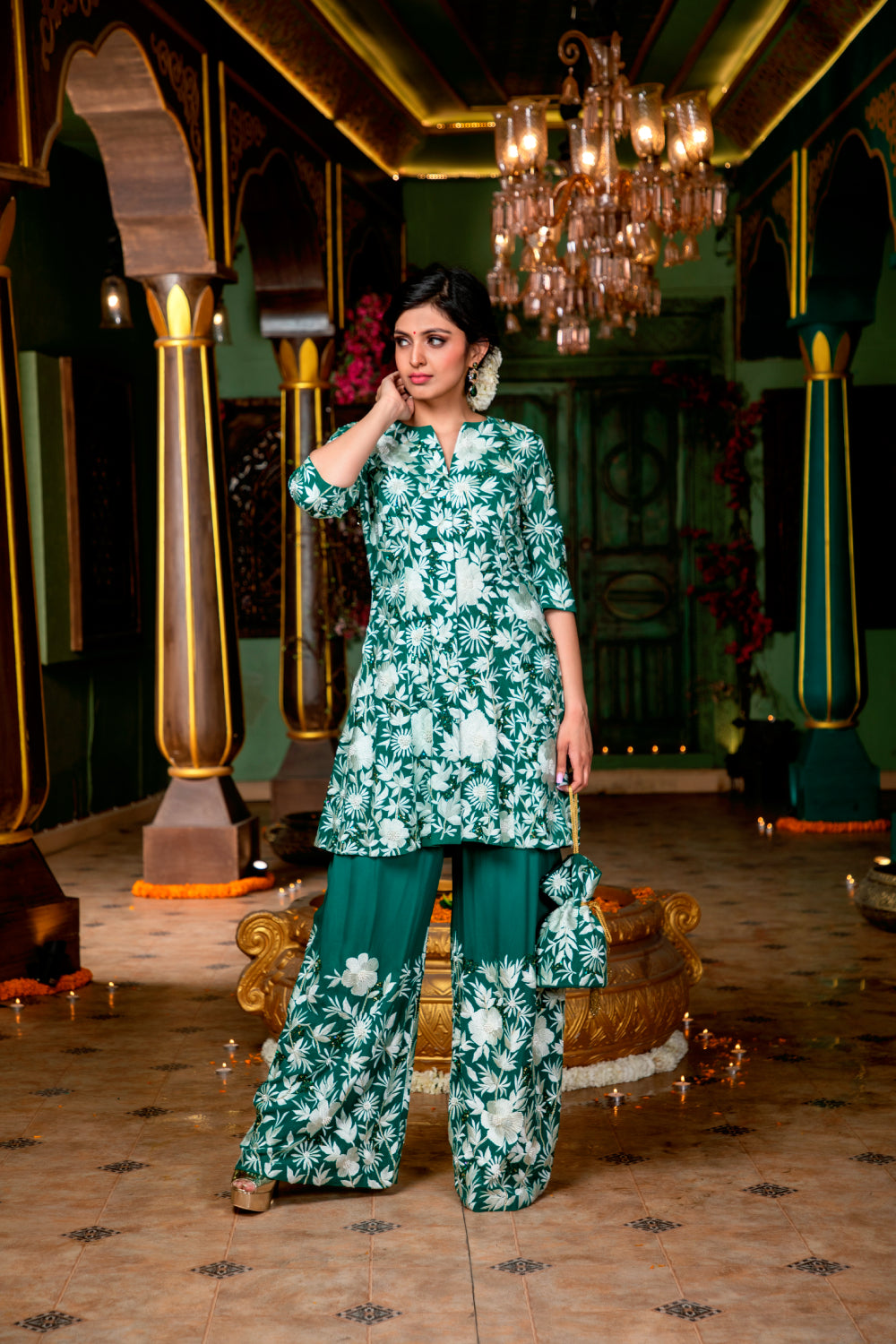 Green Embroidered Pant Suit