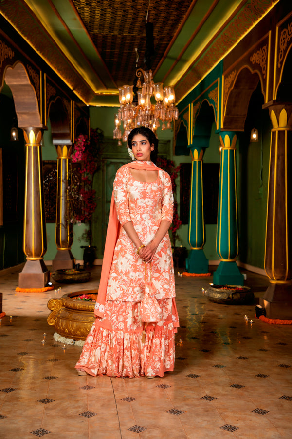 Peach Embroidered Sharara Set