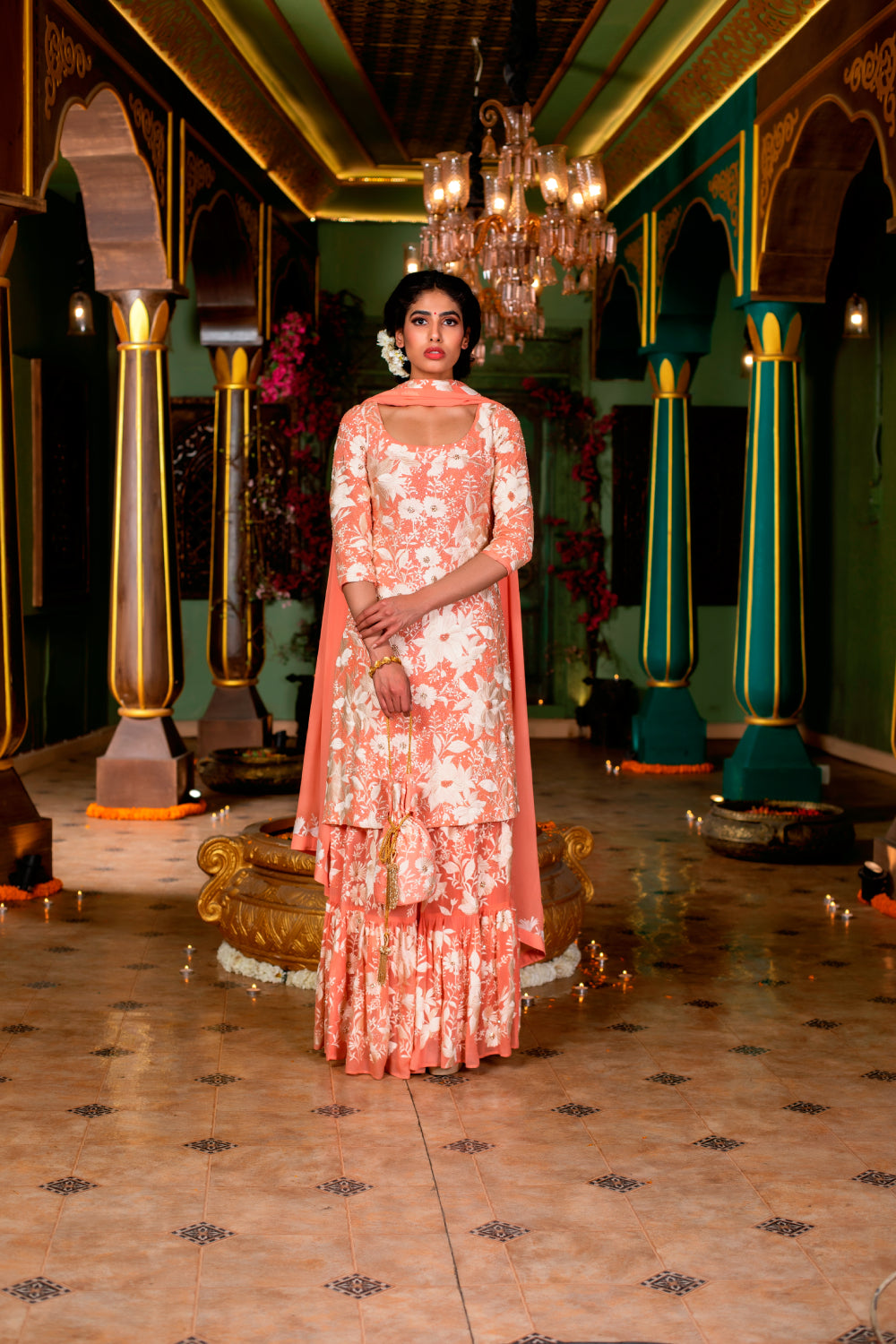 Peach Embroidered Sharara Set