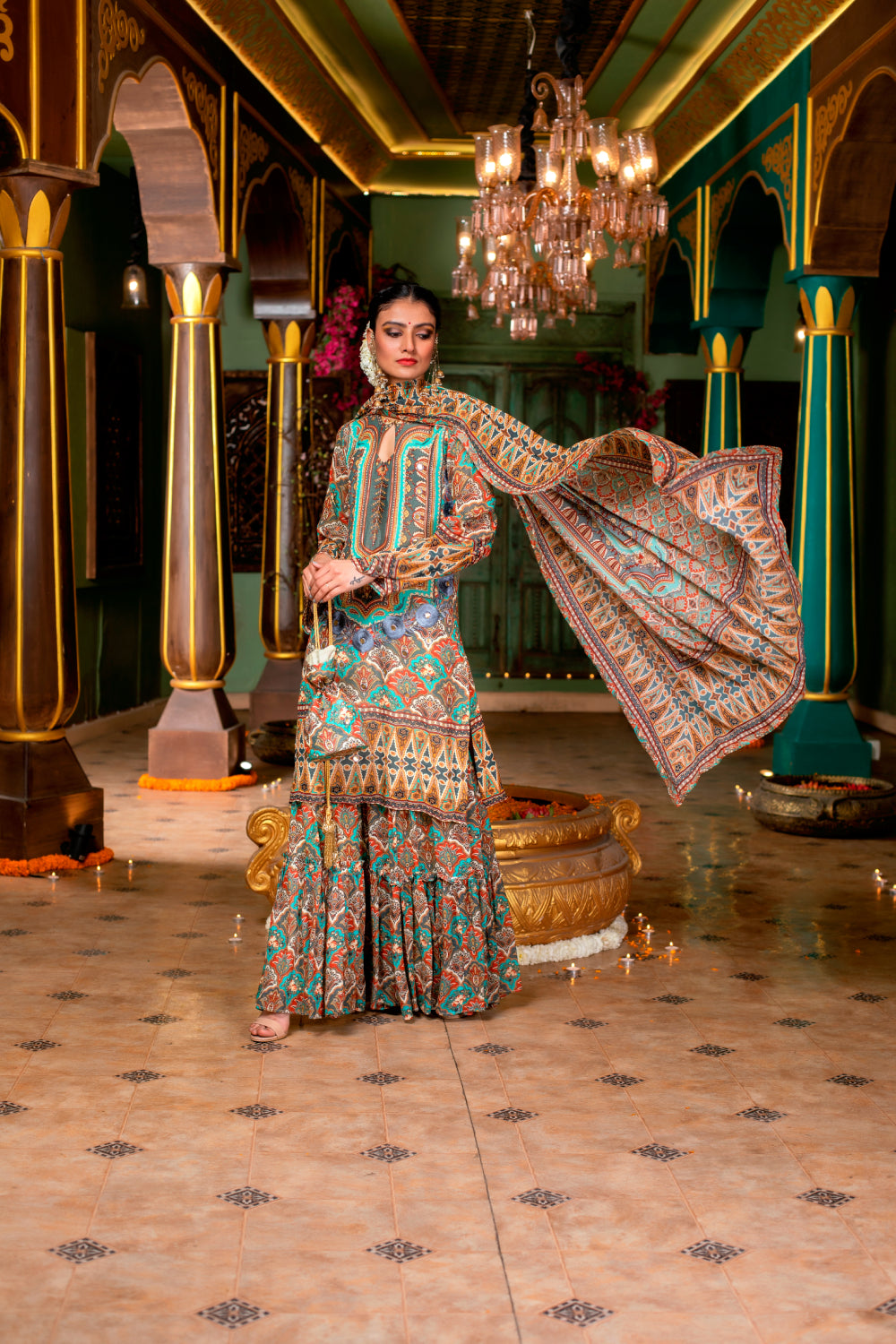 Teal Printed Sharara Suit