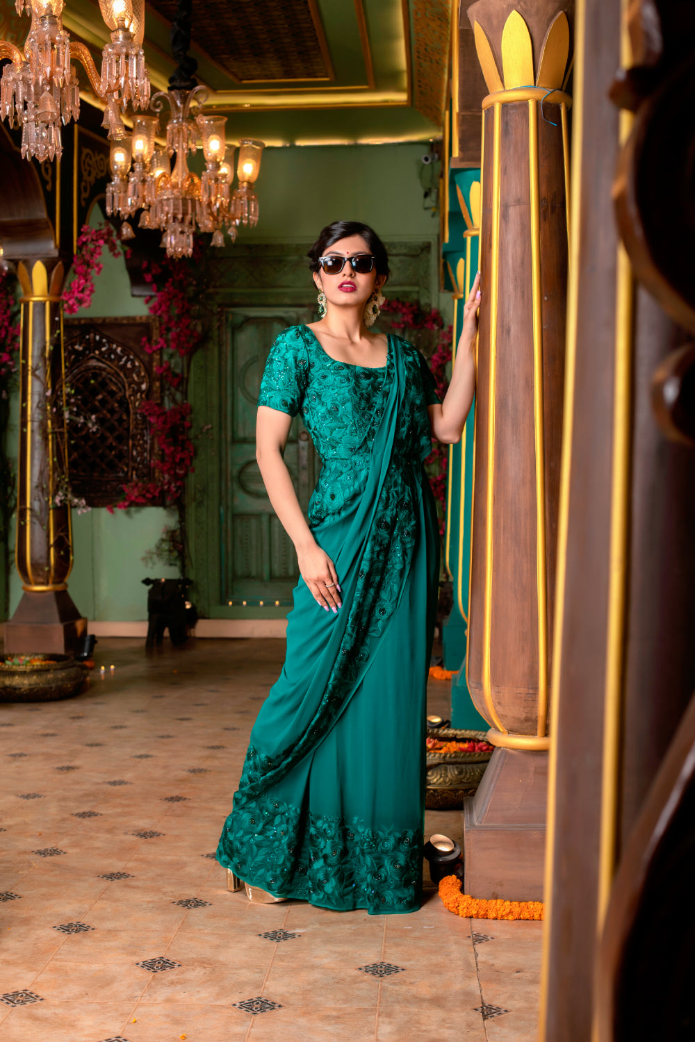 Emerald Green Embroidered Drape Saree