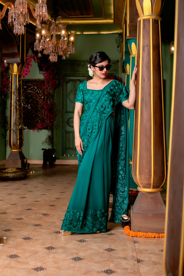 Emerald Green Embroidered Drape Saree