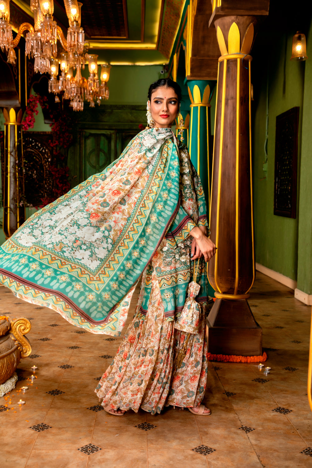 Cream Printed Sharara Set