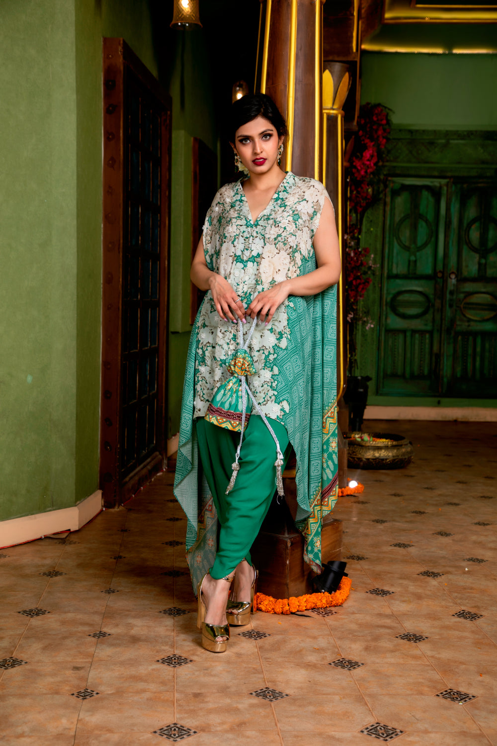 Teal Printed High Low Cape Set