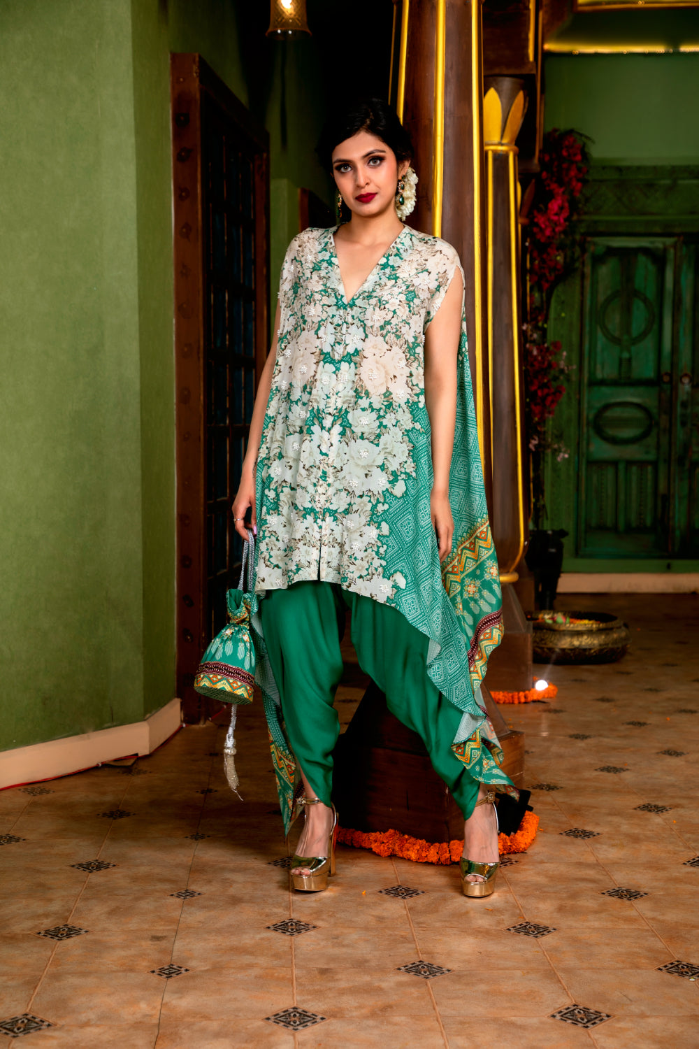 Teal Printed High Low Cape Set