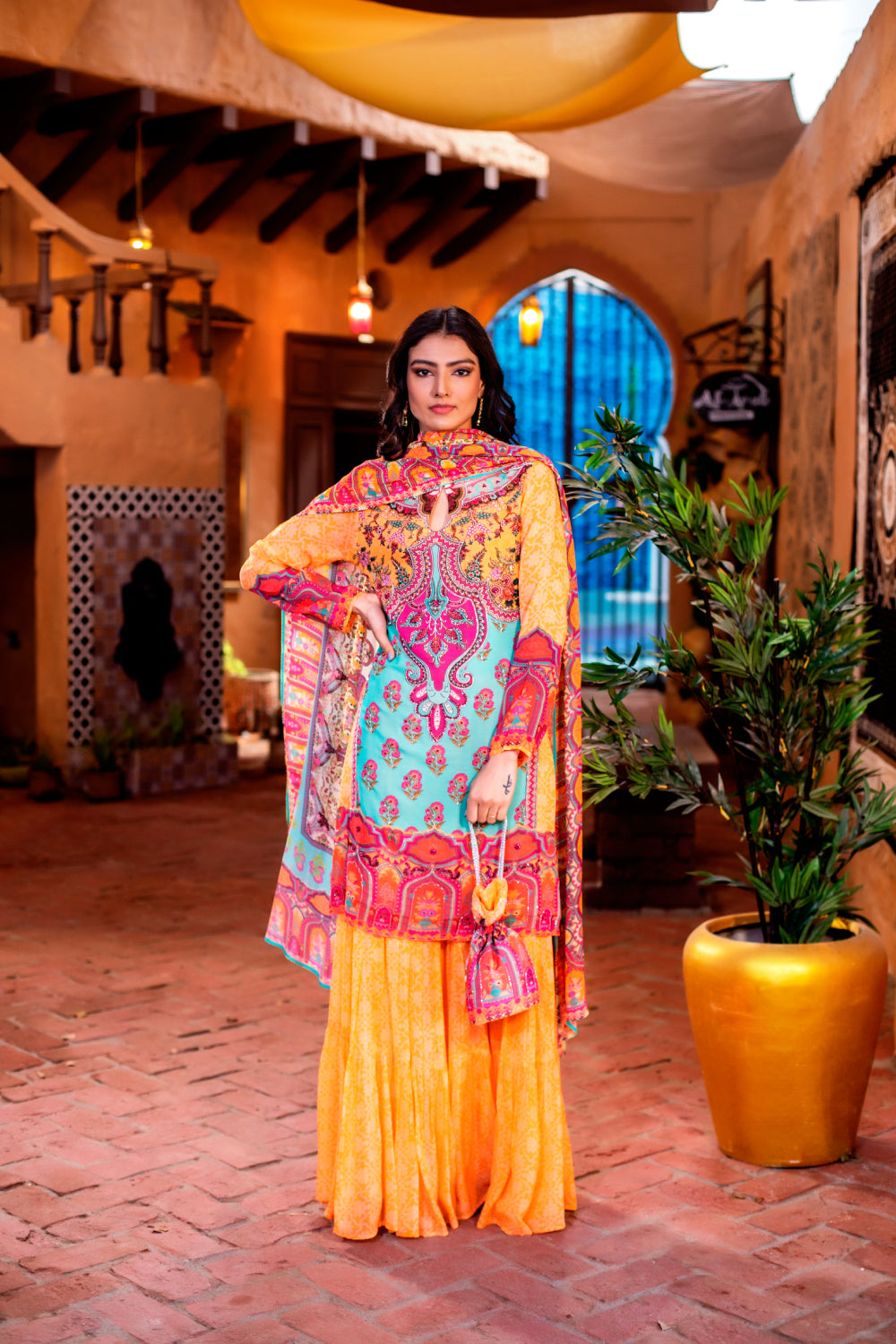 Peach Printed Sharara Set