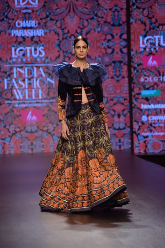 Navy Blue Printed Lehenga With Jacket