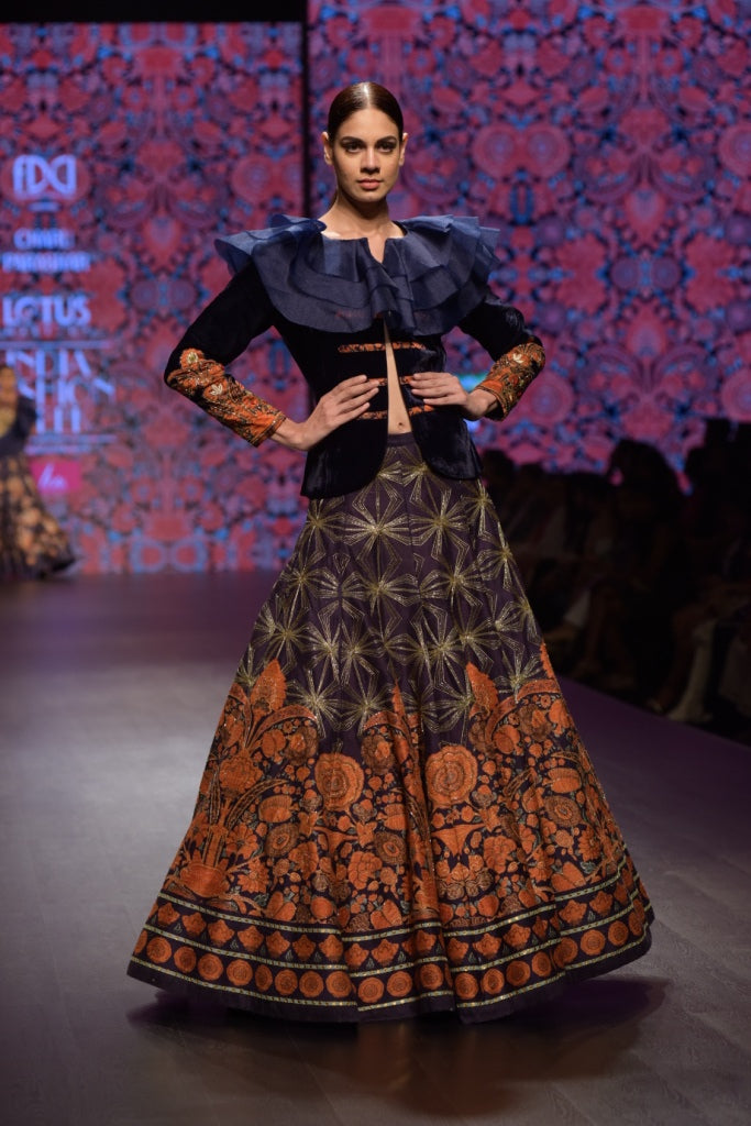 Navy Blue Printed Lehenga With Jacket