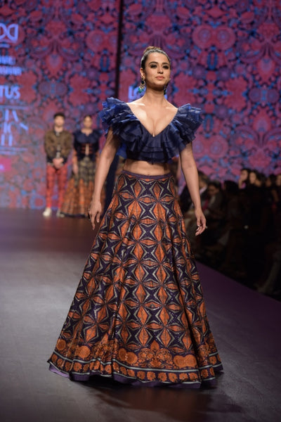 Navy Blue Printed Lehenga With Blouse