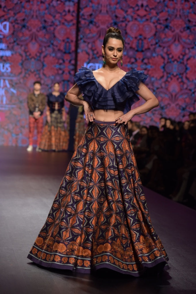 Navy Blue Printed Lehenga With Blouse