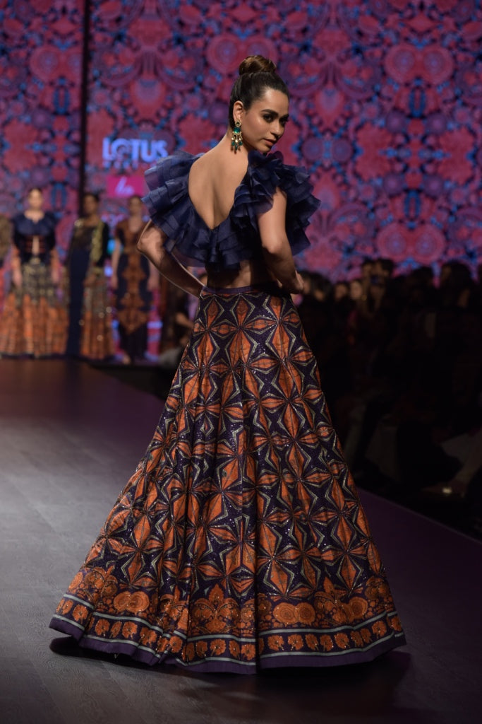 Navy Blue Printed Lehenga With Blouse