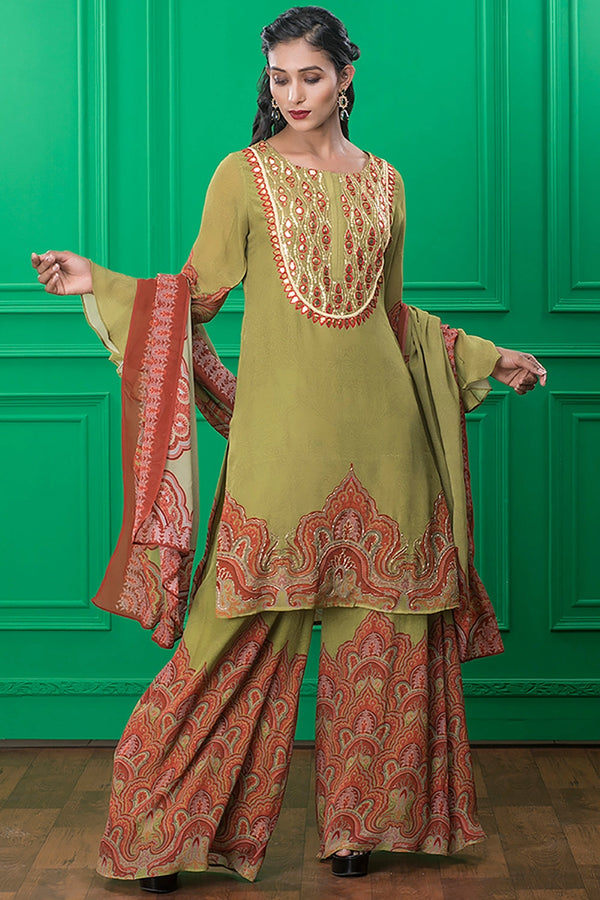 Olive Green Printed Suit Set