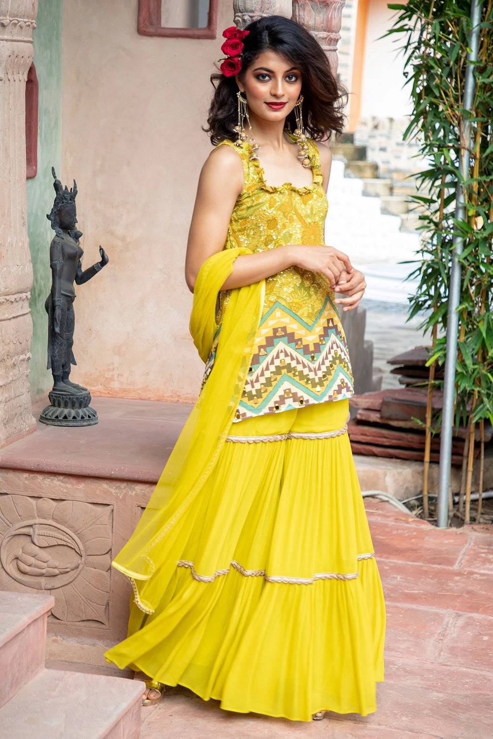 Yellow Printed Kurta with Sharara and Dupatta