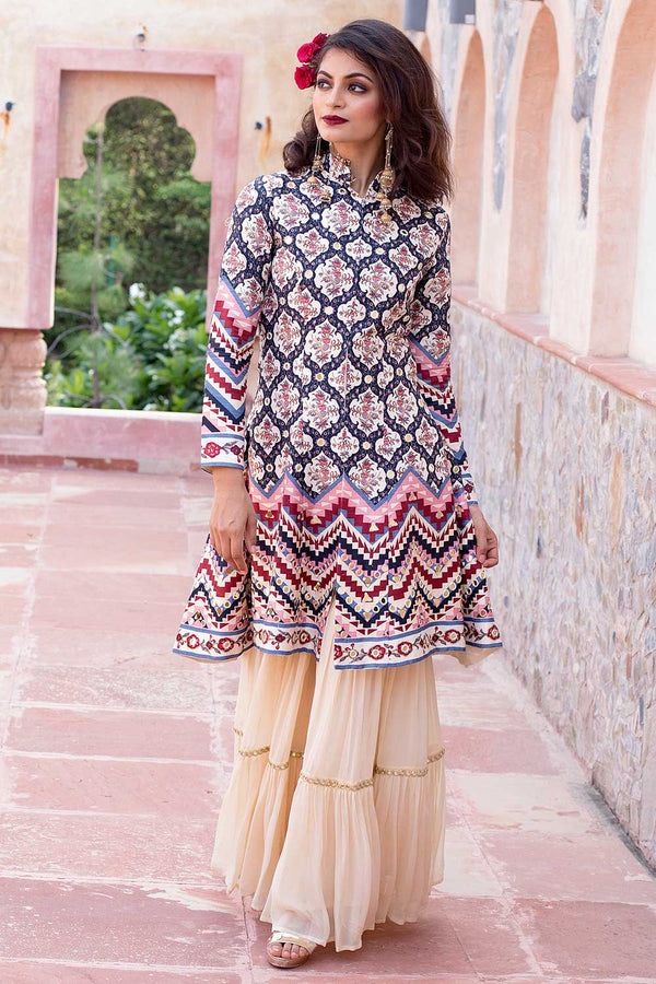 Cream Printed Front Open Jacket And Sharara Set