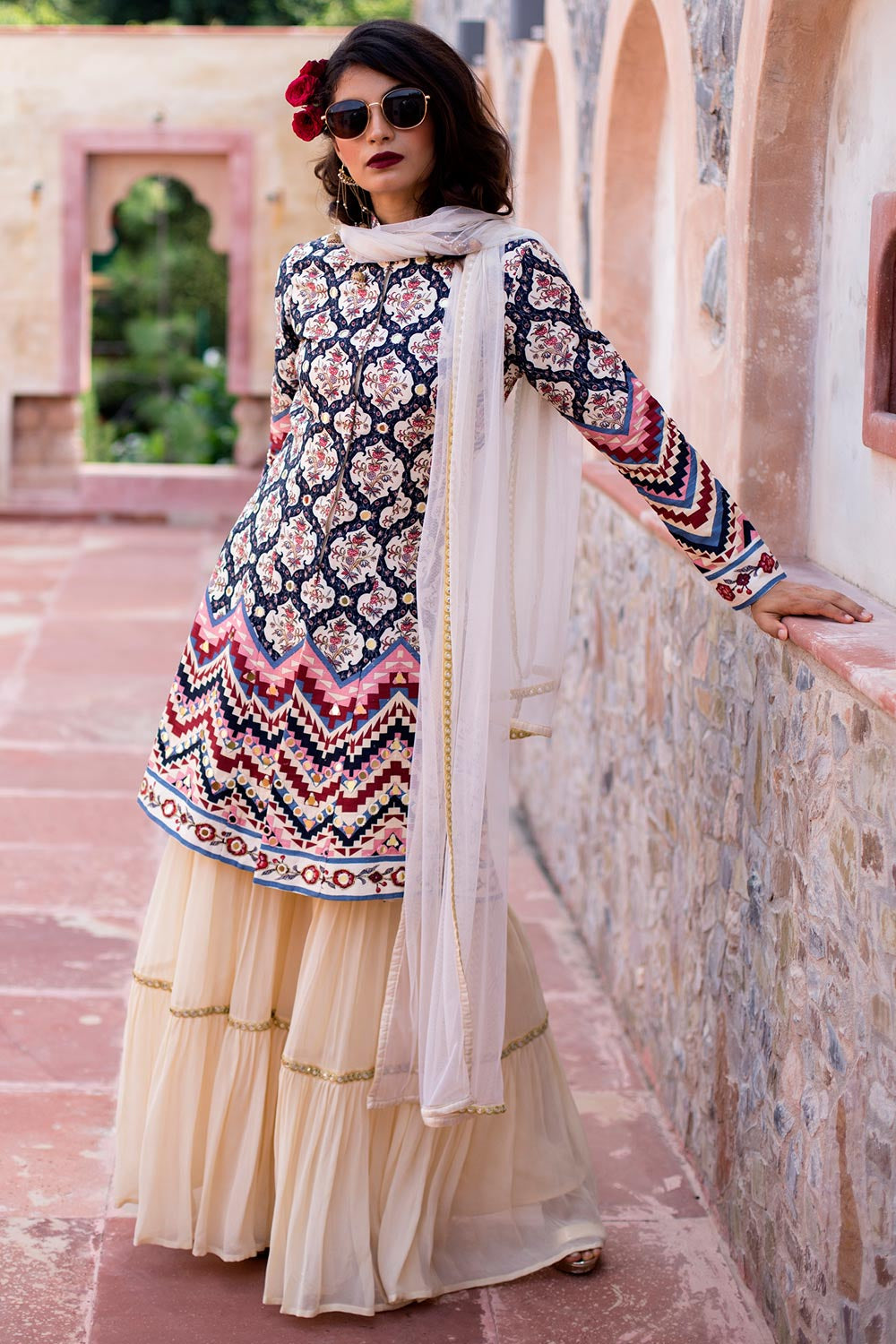 Cream Printed Front Open Jacket And Sharara Set