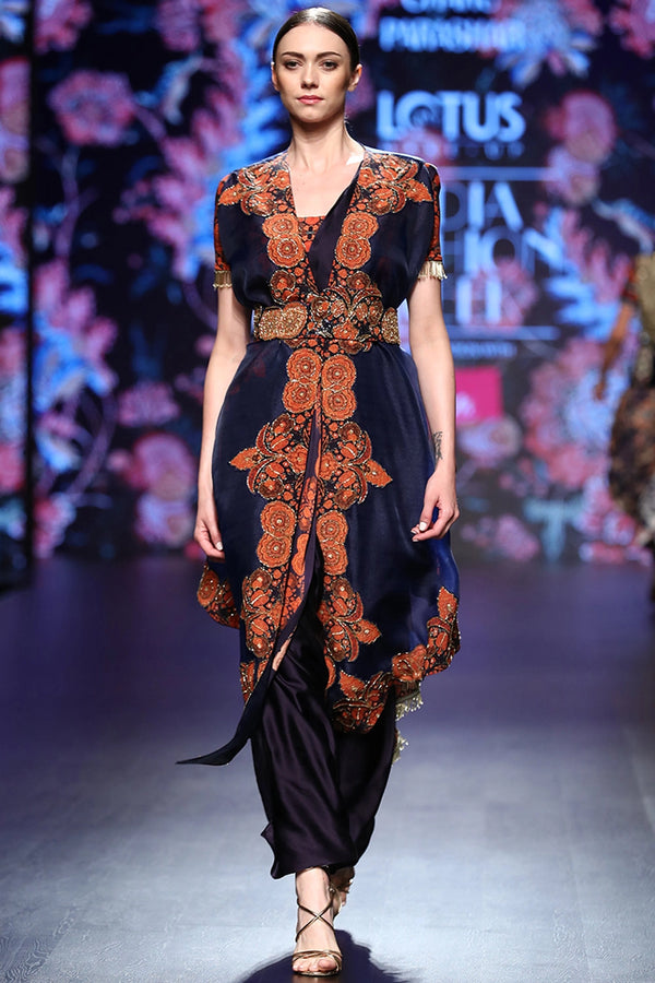 Navy Blue Printed Cape And Printed Dress