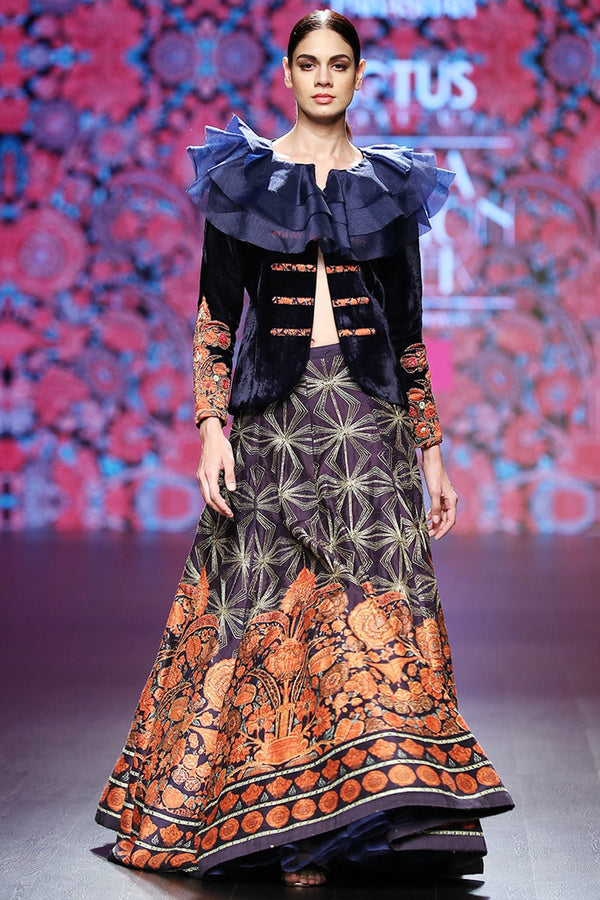 Navy Blue Printed Lehenga With Jacket