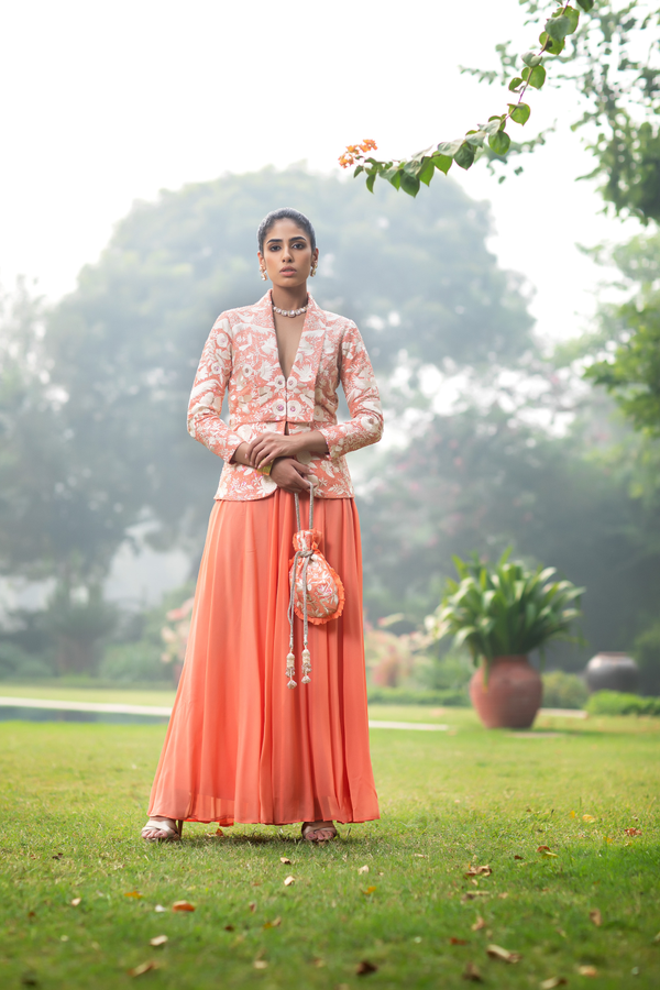 Peach & Ivory Embroidered Jacket with Pallazo and Potli Bag