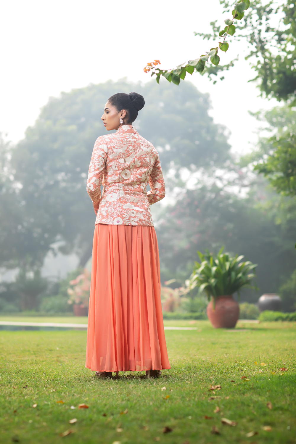 Peach & Ivory Embroidered Jacket with Pallazo and Potli Bag