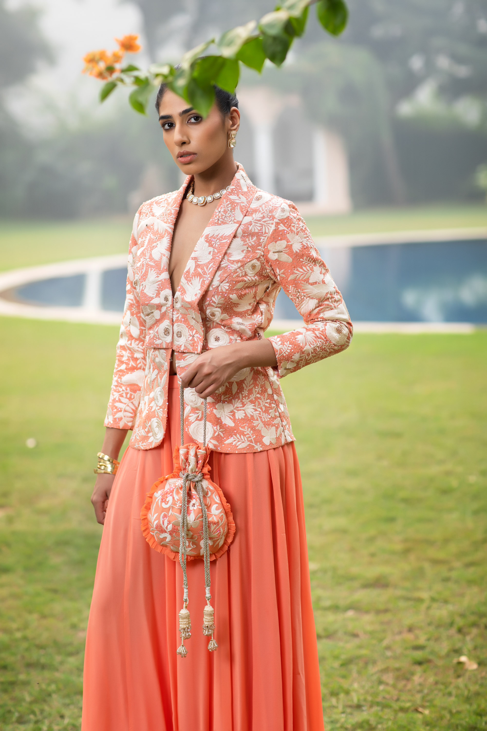 Peach & Ivory Embroidered Jacket with Pallazo and Potli Bag