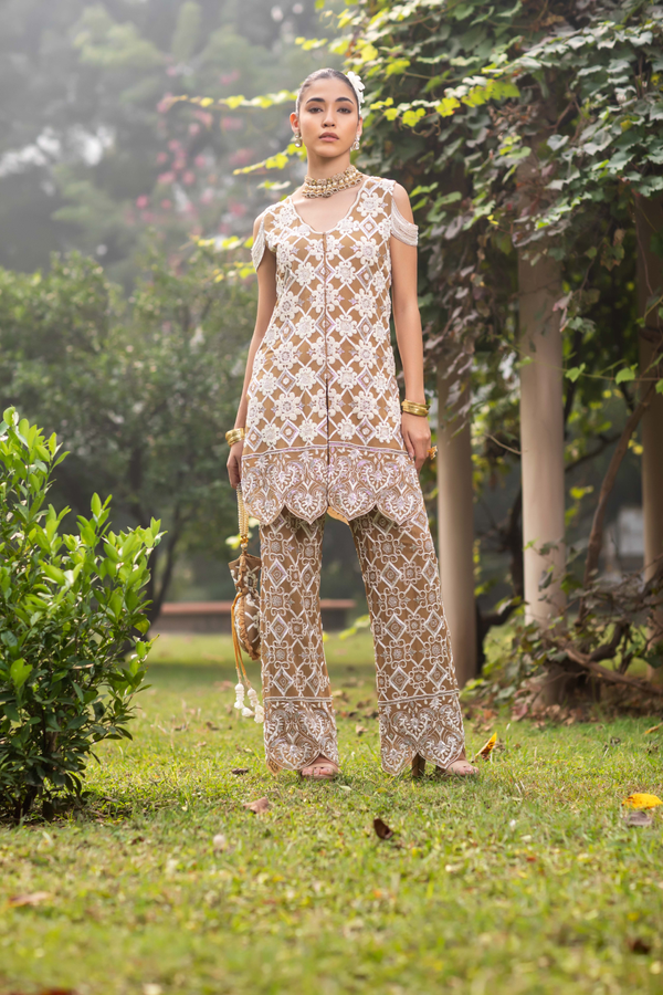 Beige and Ivory Pearl & Cut Dana Hand Work Pant Suit with Potli Bag