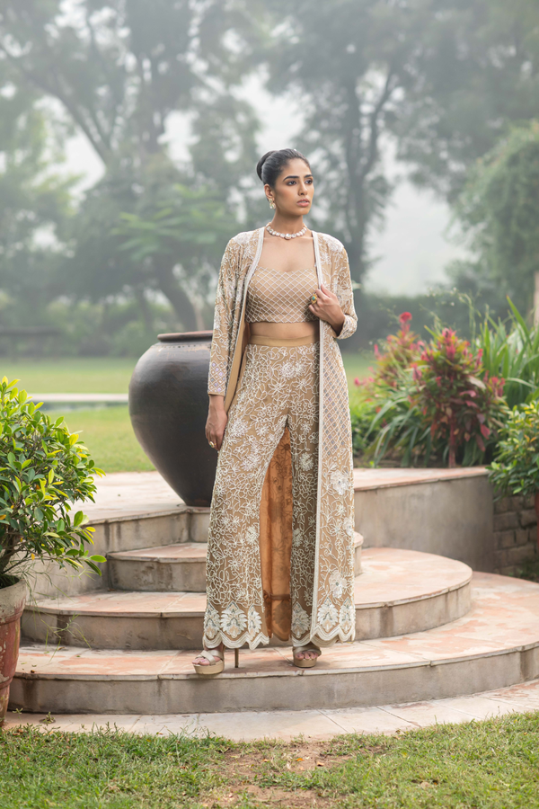 Beige Hand Embroidered Long Jacket with Bustier and Pants