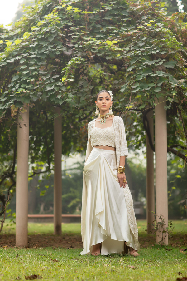 Ivory Pearl Work Long Jacket with Pearl Embroidered Cammasole and Satin Dhoti