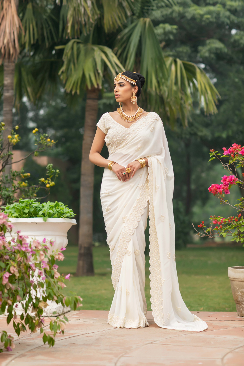Pearl Embellished Sari Set With Cape