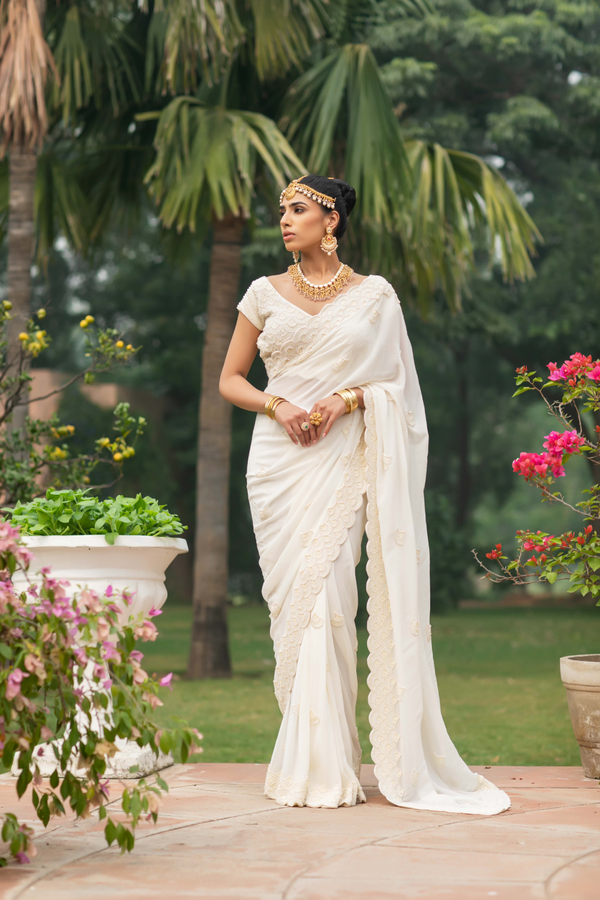 Ivory Pearl Work Saree with Heavy Pearl Work Blouse