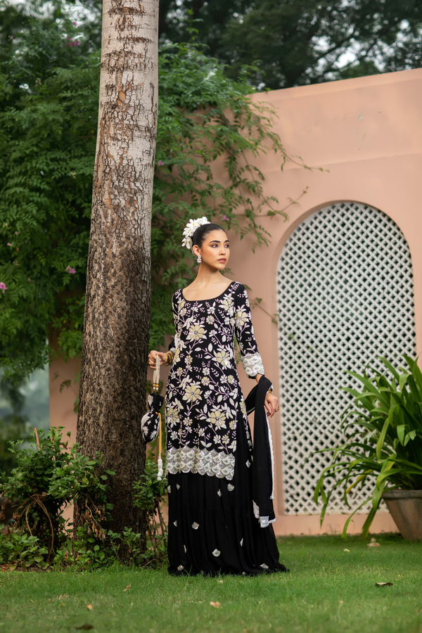 Black & Ivory Pearl & Sequence Hand work Sharara Set with Potli Bag