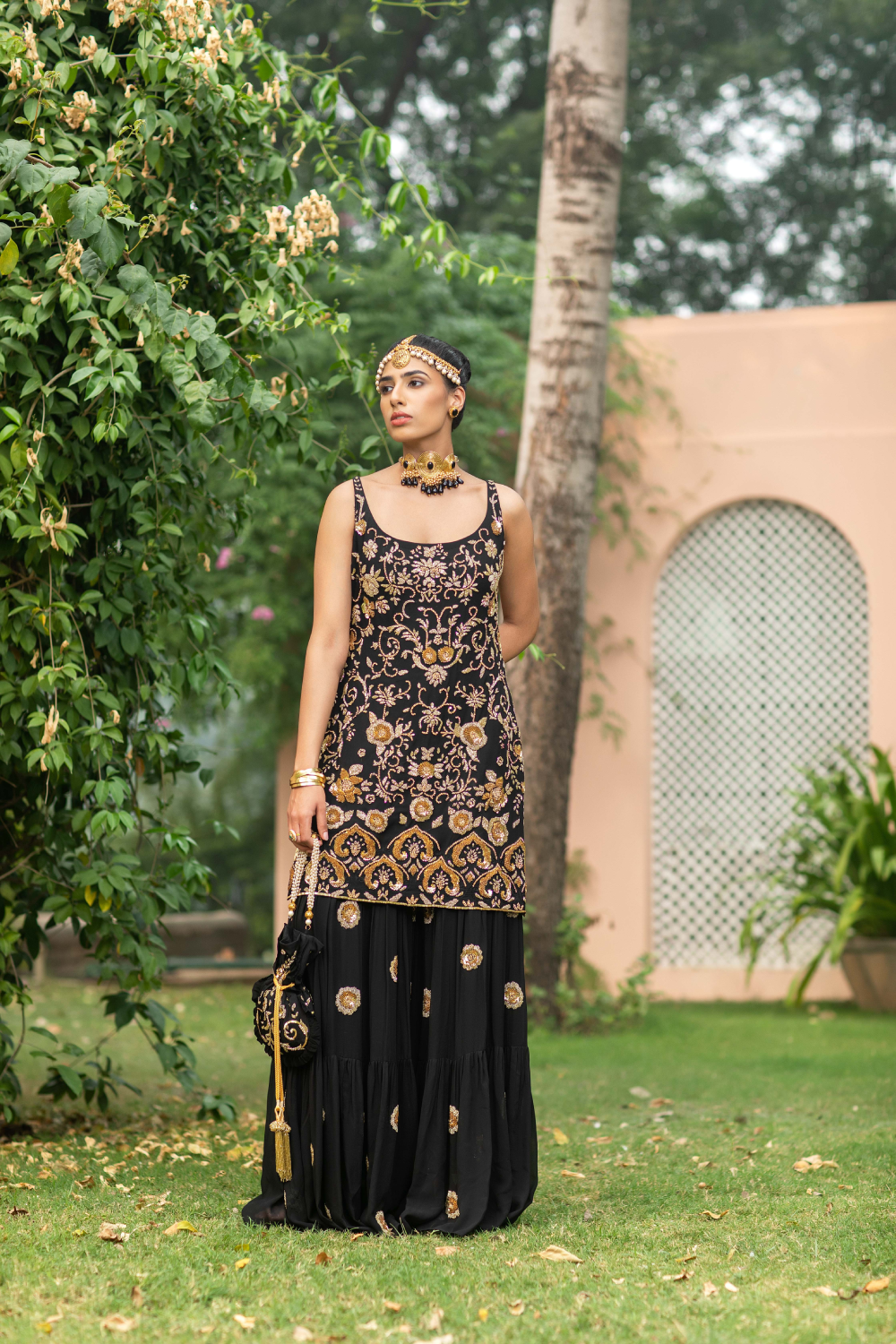 Black & Gold Pearl & Sequence Hand Work Sharara Set with Potli Bag