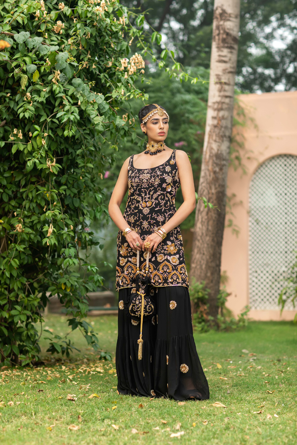 Black & Gold Pearl & Sequence Hand Work Sharara Set with Potli Bag