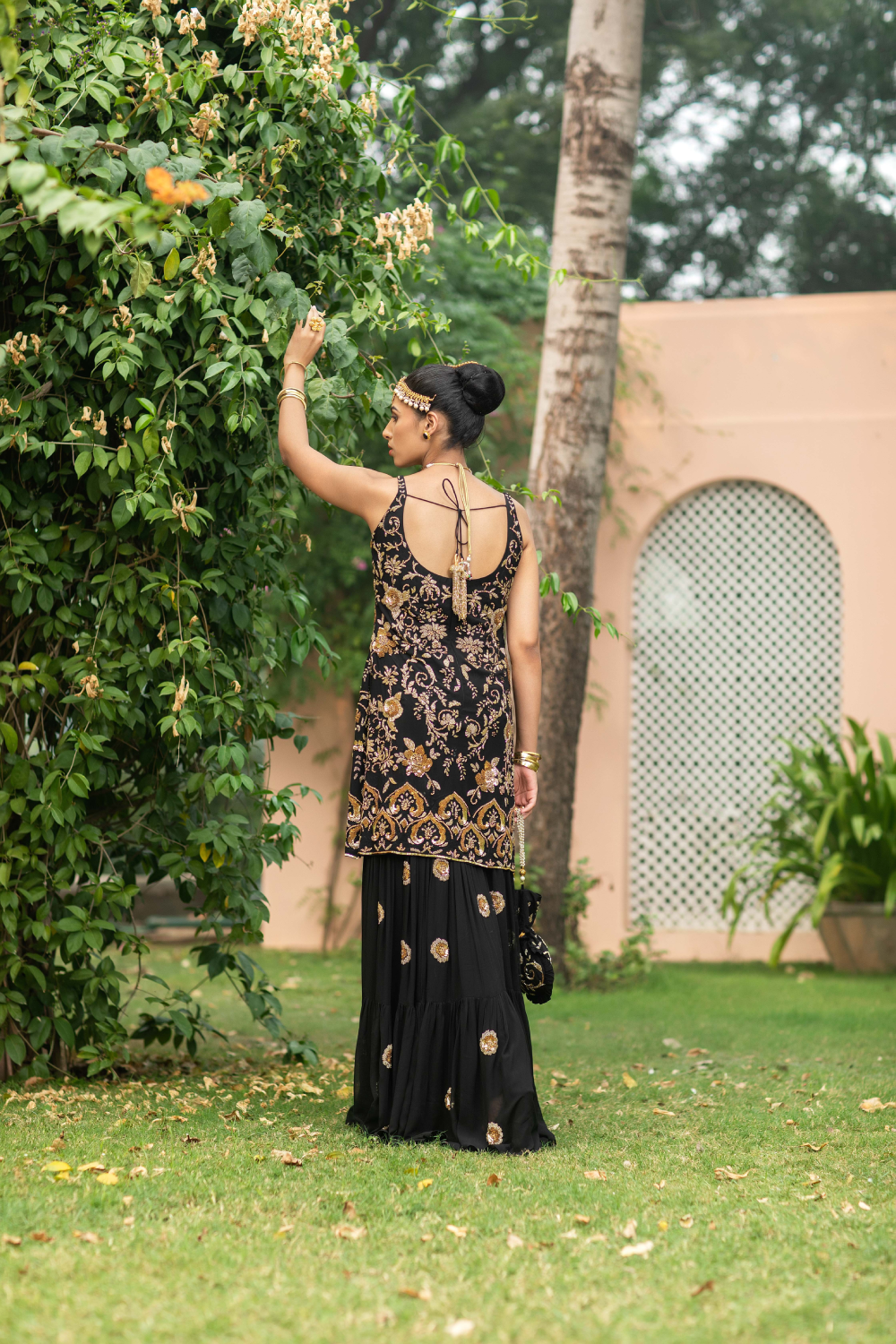 Black & Gold Pearl & Sequence Hand Work Sharara Set with Potli Bag