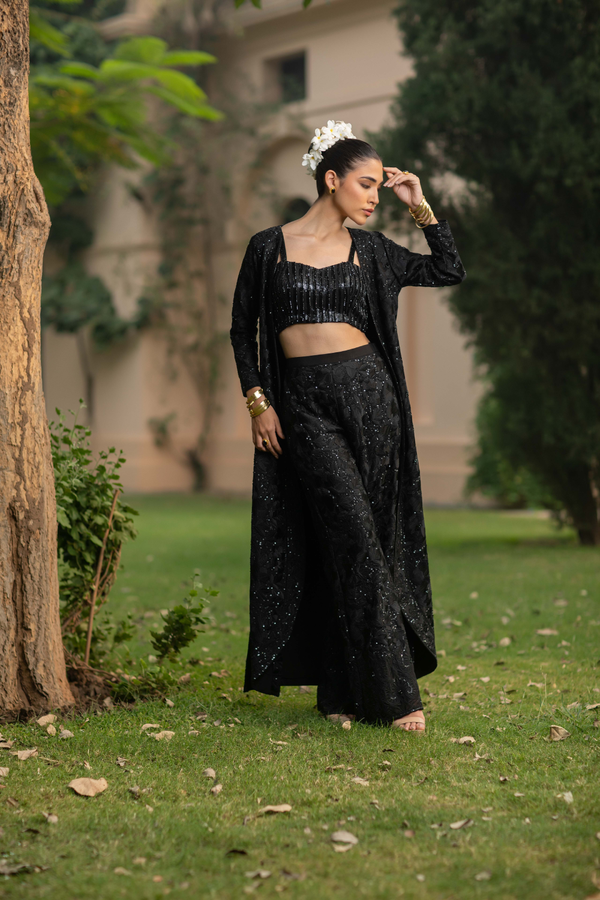Black on Back Fully Hand Embroidered Long Jacket with Embroidered Cammasole and Pants